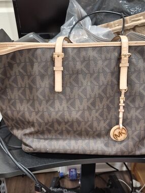 Michael Kors Brown MK Logo Tote with Beige Trim and Gold Charm